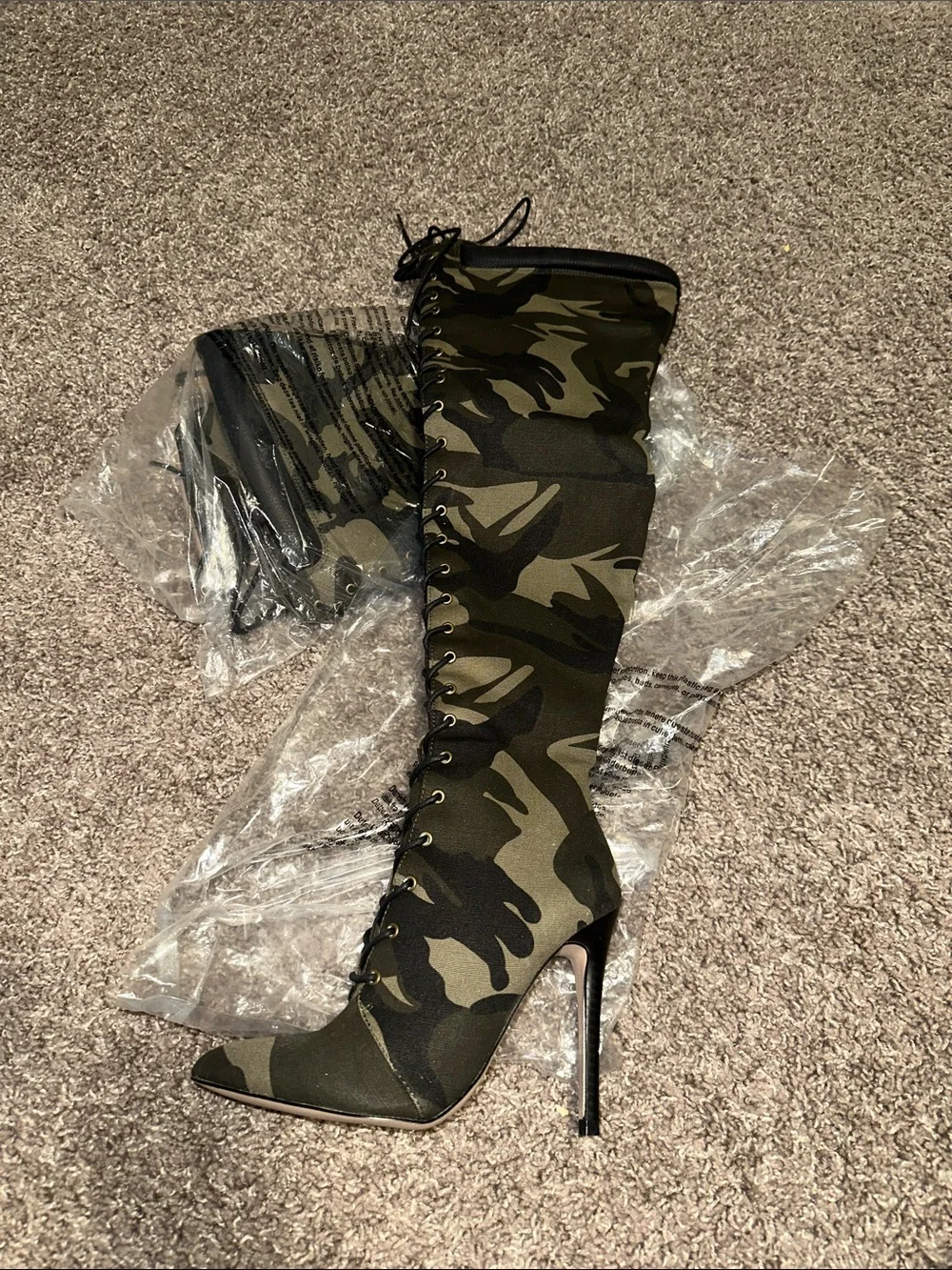 Shoe Dazzle Olive Camo Lace-Up Over-the-Knee Stiletto Boot